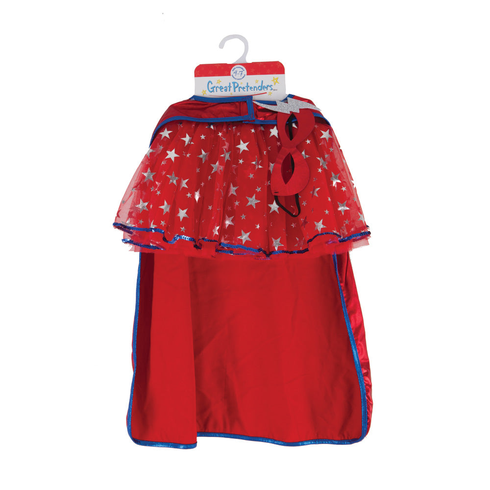 Great Pretenders Blue/Red Superhero Tutu Cape & Mask Set, Size 4-6