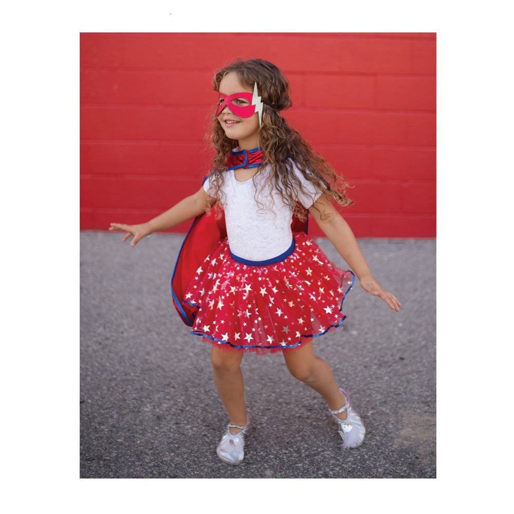 Great Pretenders Blue/Red Superhero Tutu Cape & Mask Set, Size 4-6