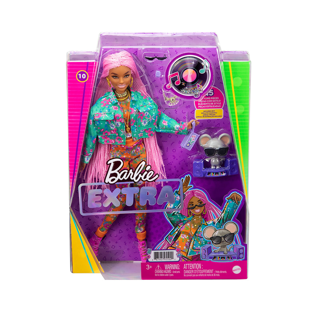 Barbie Extra Doll 10 in Floral-Print Jacket with DJ Mouse Pet