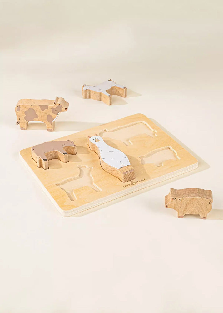 Coco Village Set of 5 Barn Animals on Wooden Plate