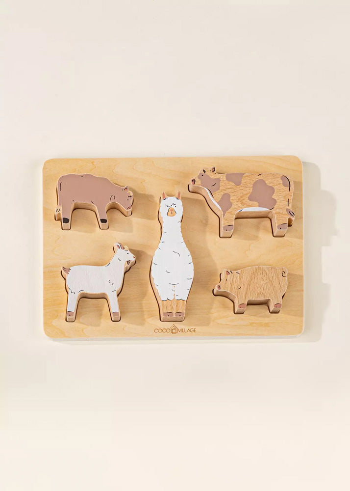 Coco Village Set of 5 Barn Animals on Wooden Plate