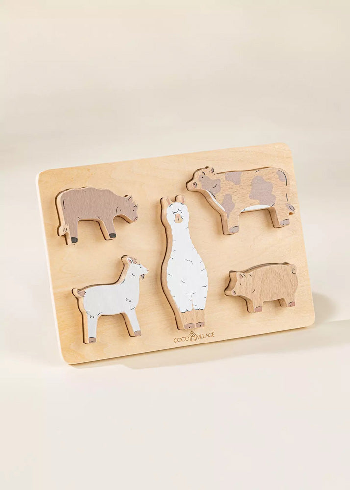 Coco Village Set of 5 Barn Animals on Wooden Plate