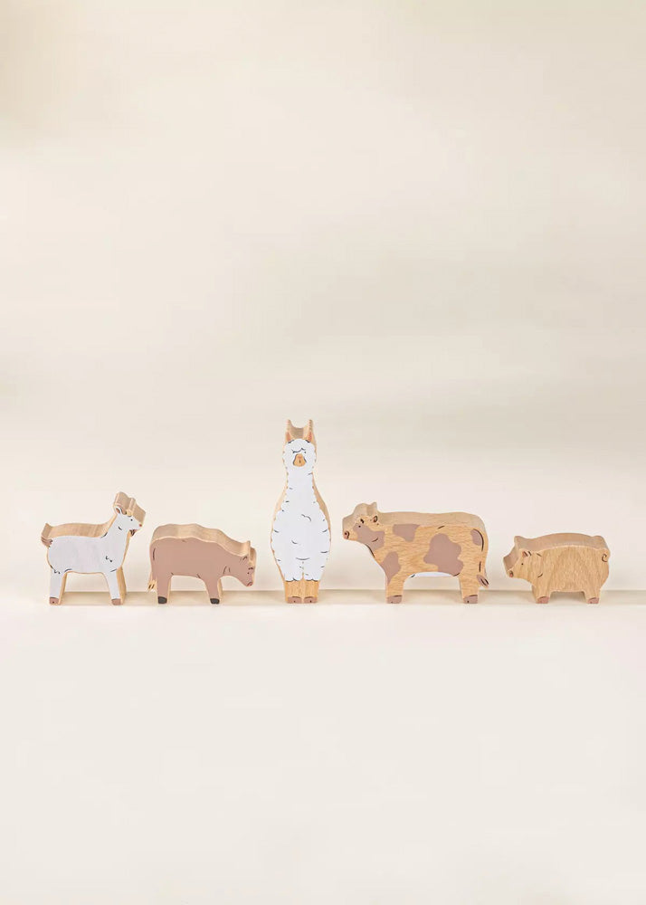 Coco Village Set of 5 Barn Animals on Wooden Plate