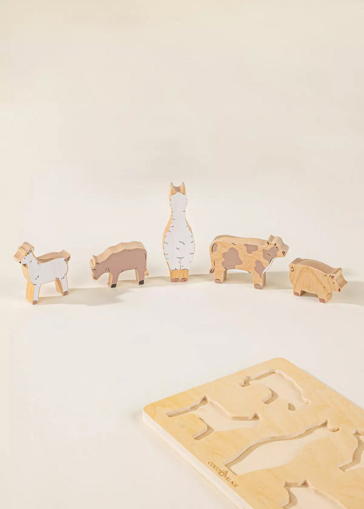 Coco Village Set of 5 Barn Animals on Wooden Plate