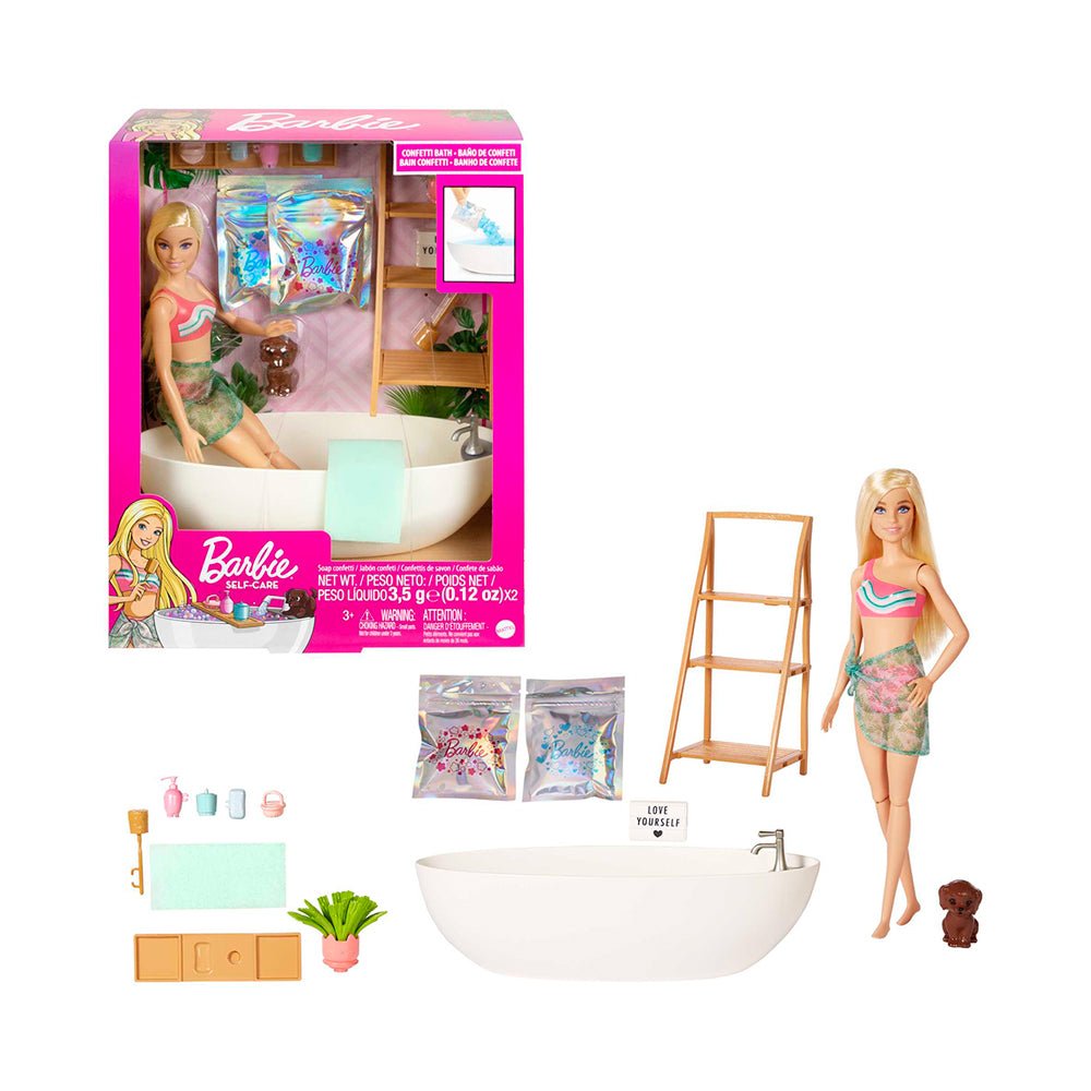 Barbie Doll & Bathtub Playset, Blonde, Confetti Soap & Accessories - Mastermind Toys___231012